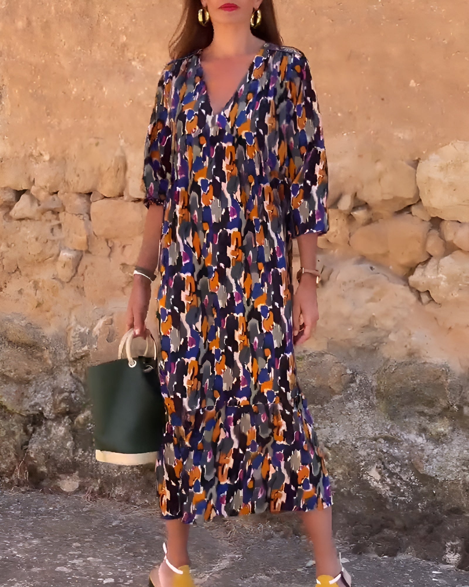 Nathalie™ | Retro Printed Dress with V-Neck
