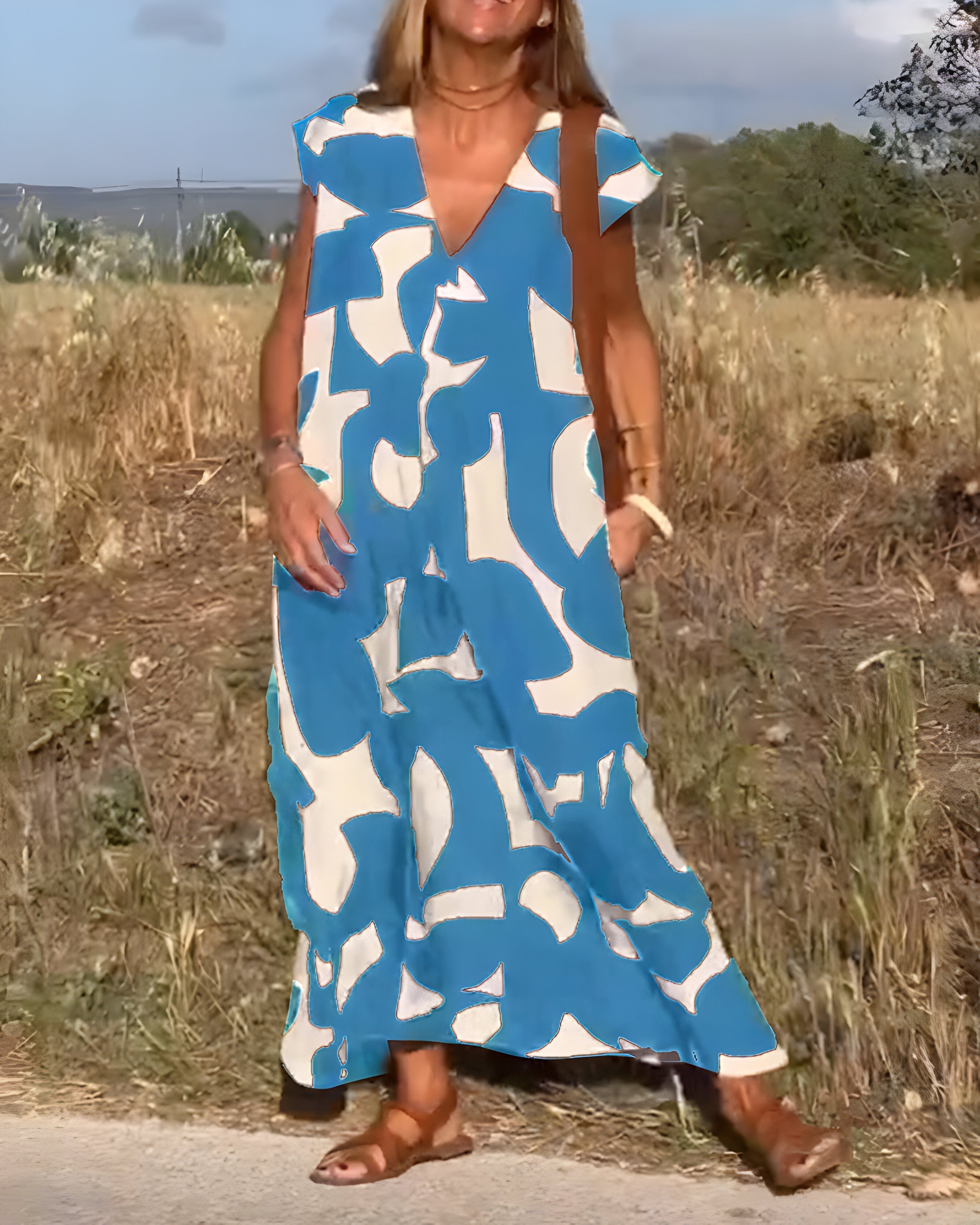 Printed Dress with V-Neck