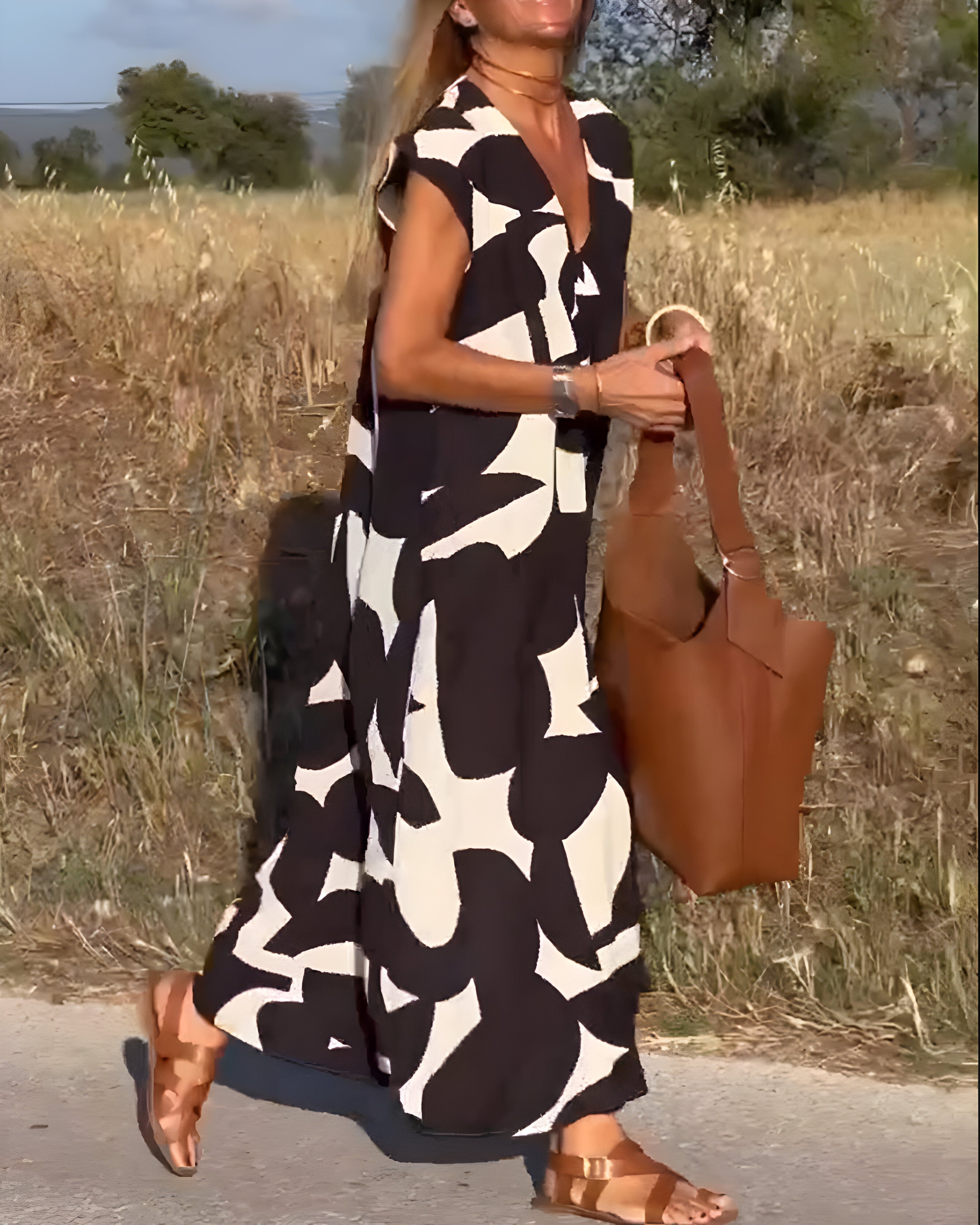 Printed Dress with V-Neck