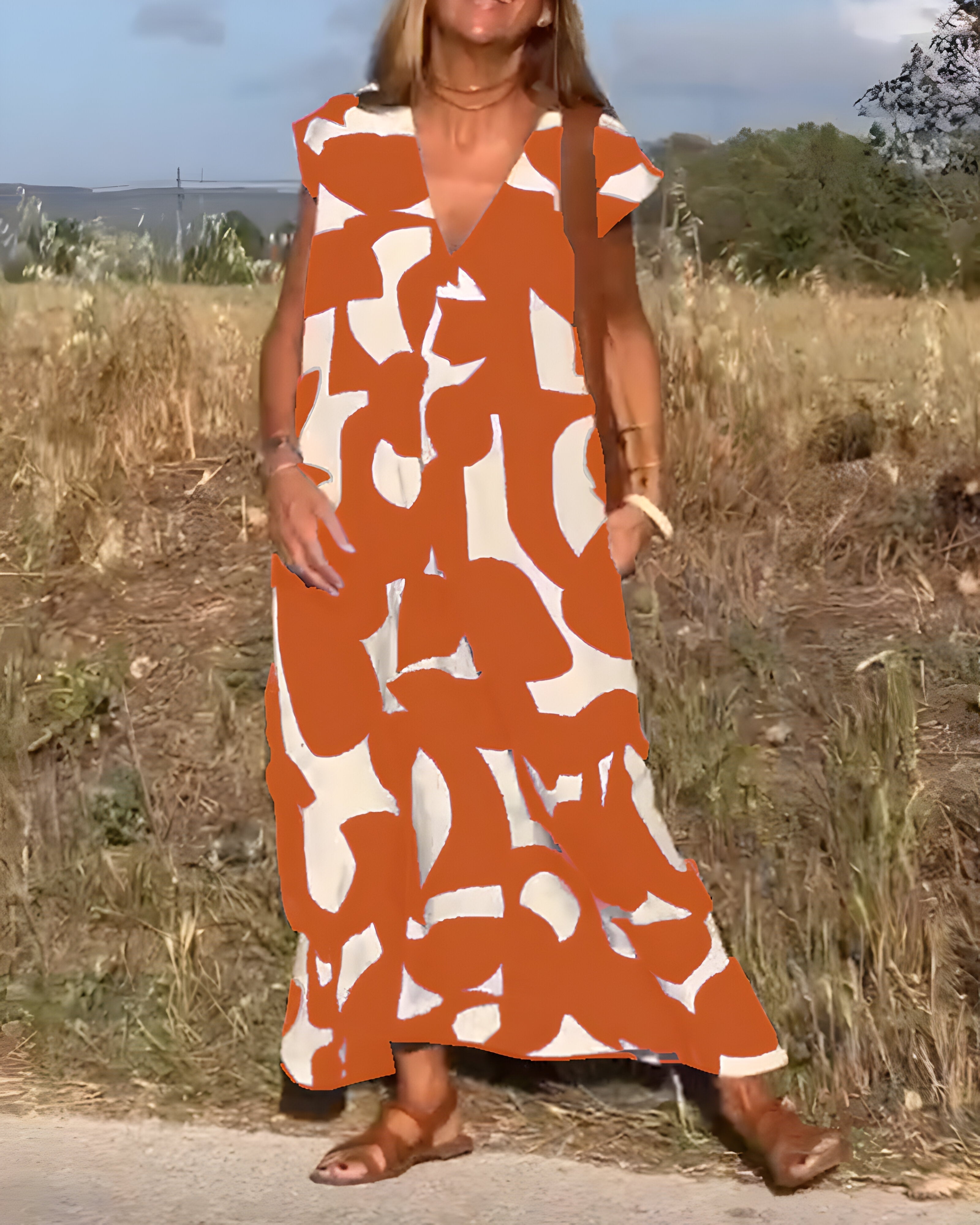 Printed Dress with V-Neck