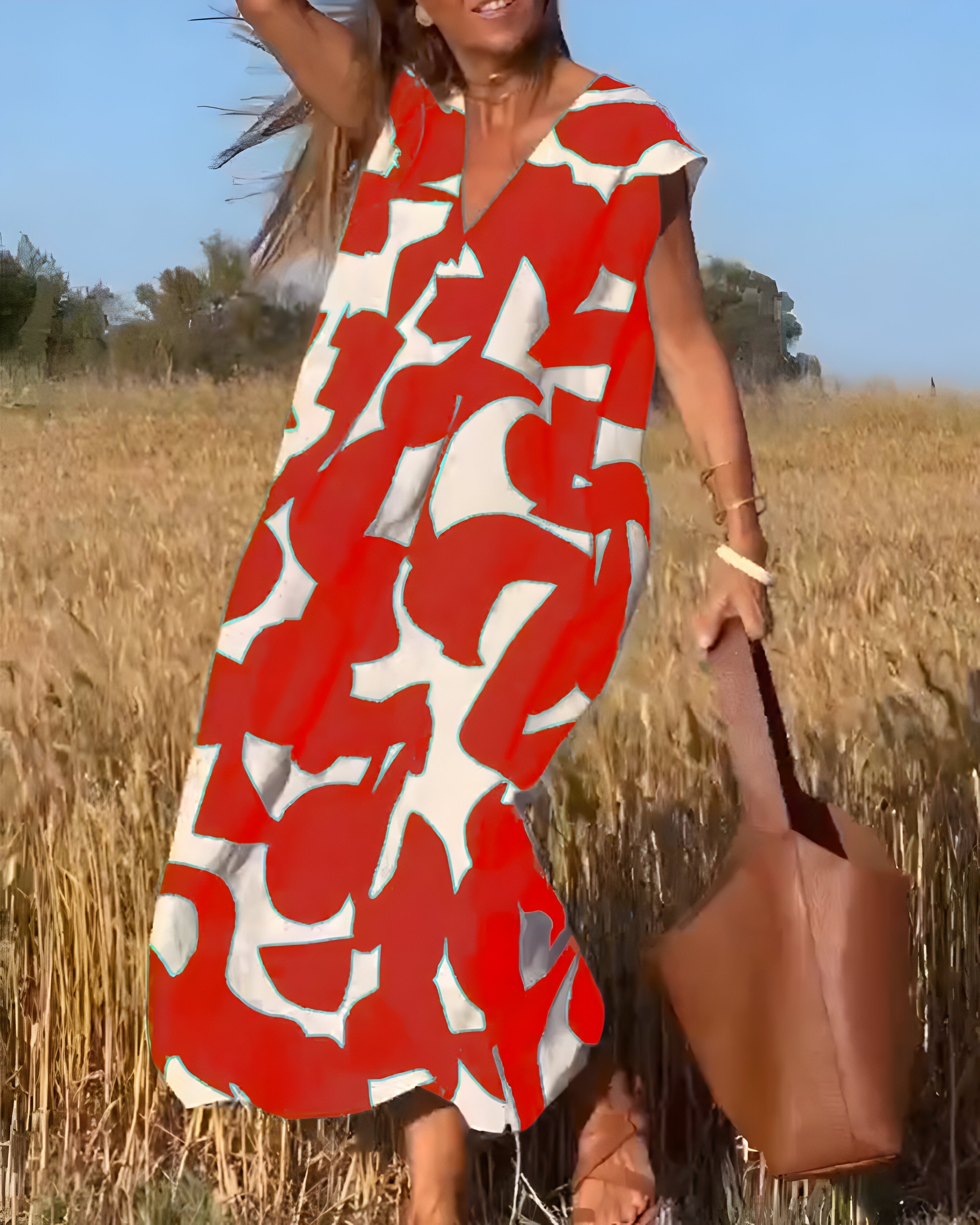 Printed Dress with V-Neck