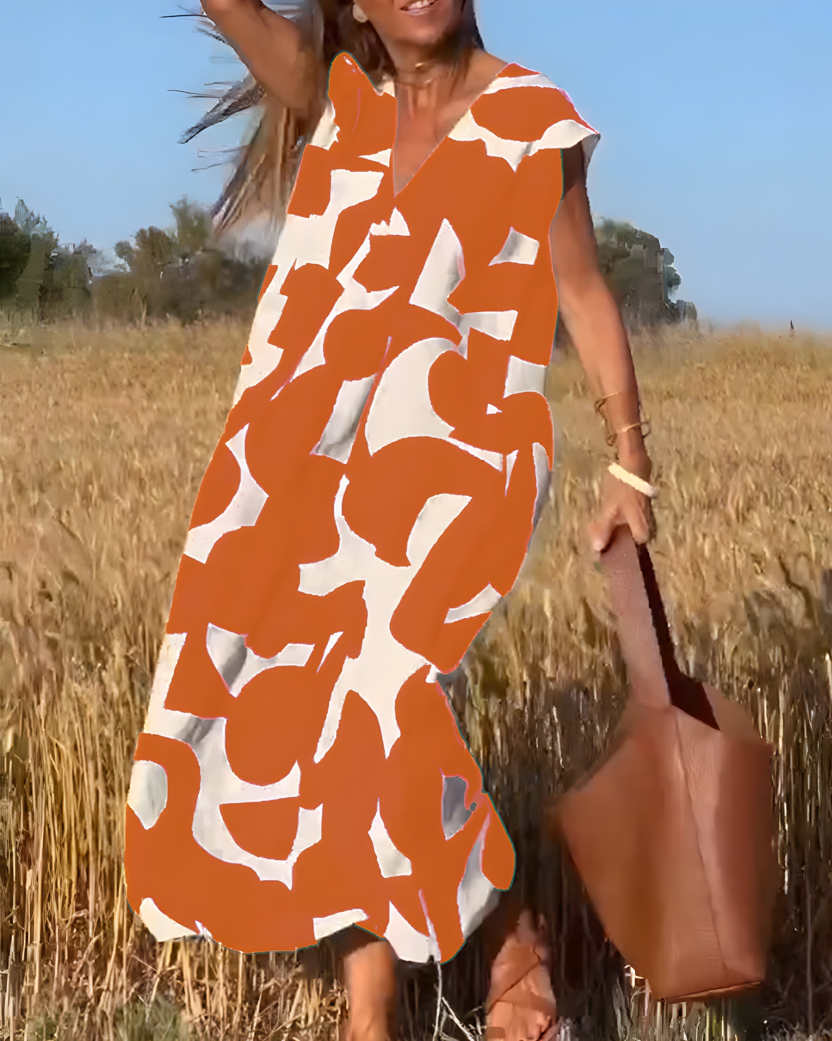 Printed Dress with V-Neck