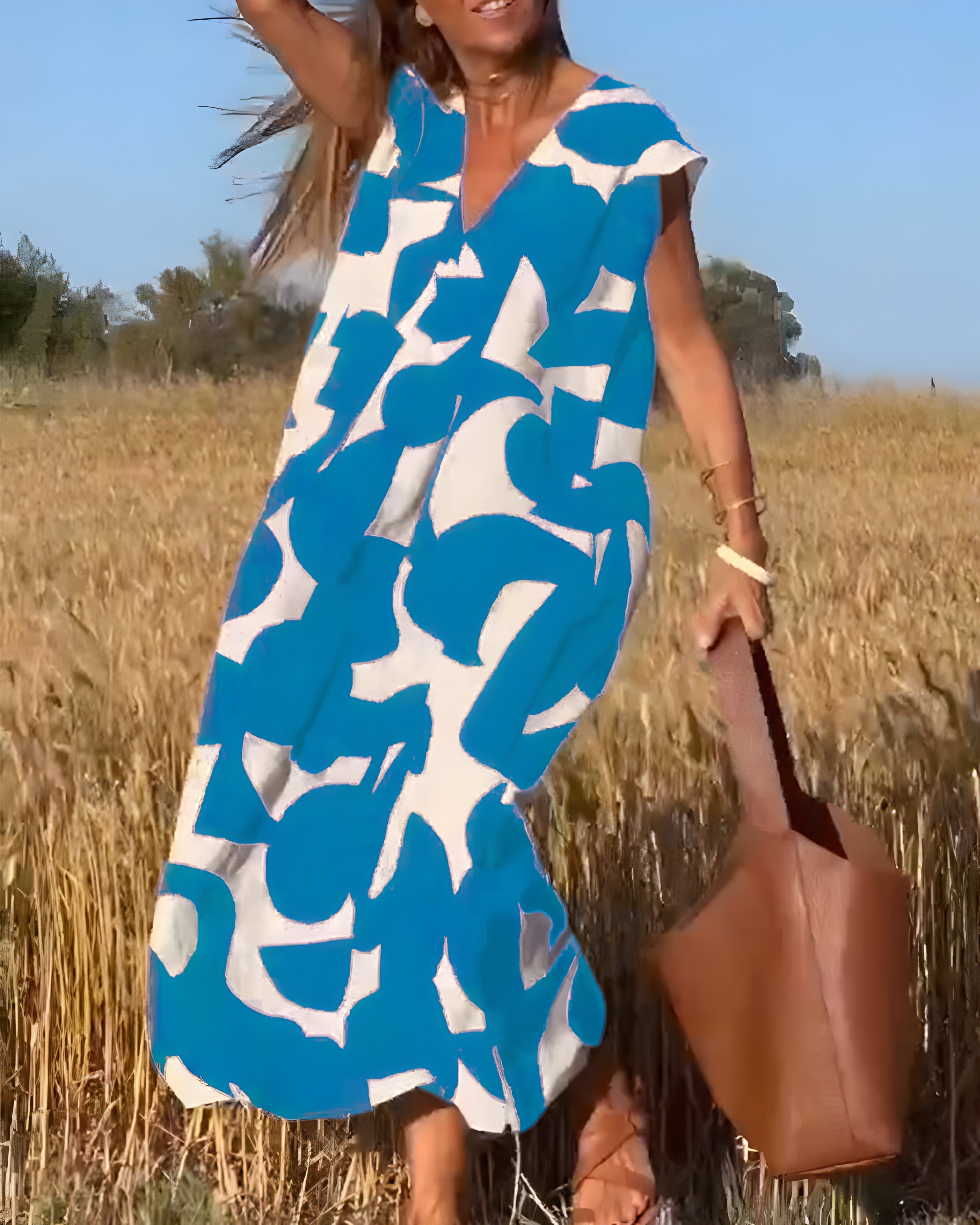 Printed Dress with V-Neck