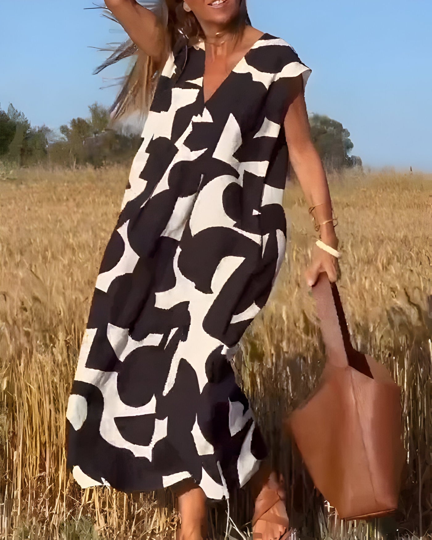 Printed Dress with V-Neck