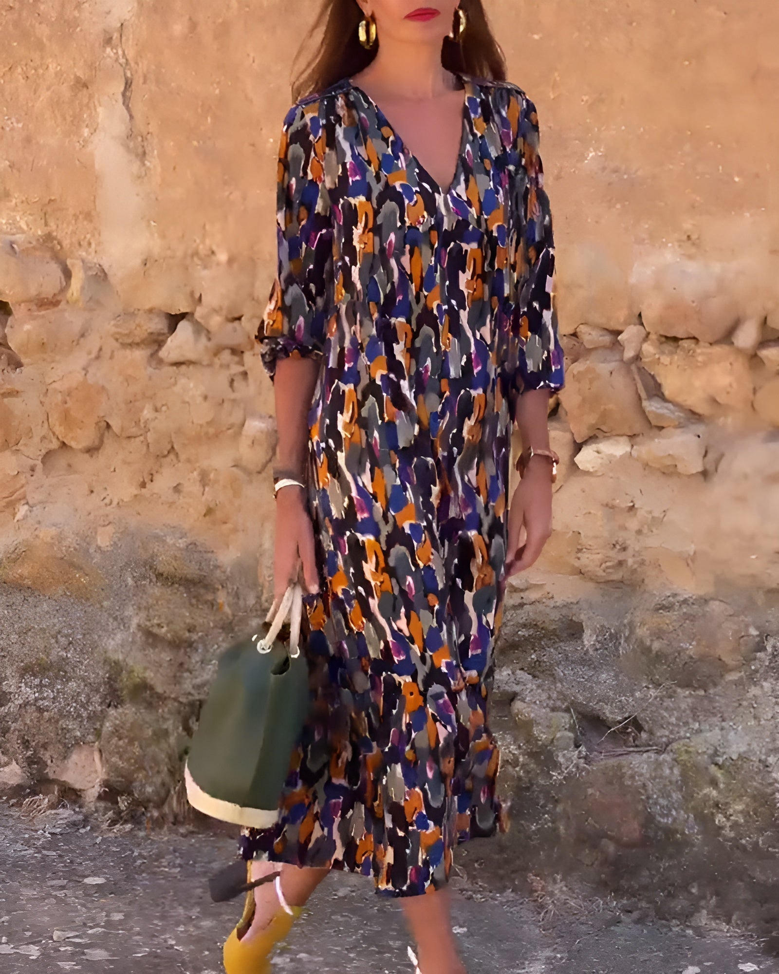 Nathalie™ | Retro Printed Dress with V-Neck