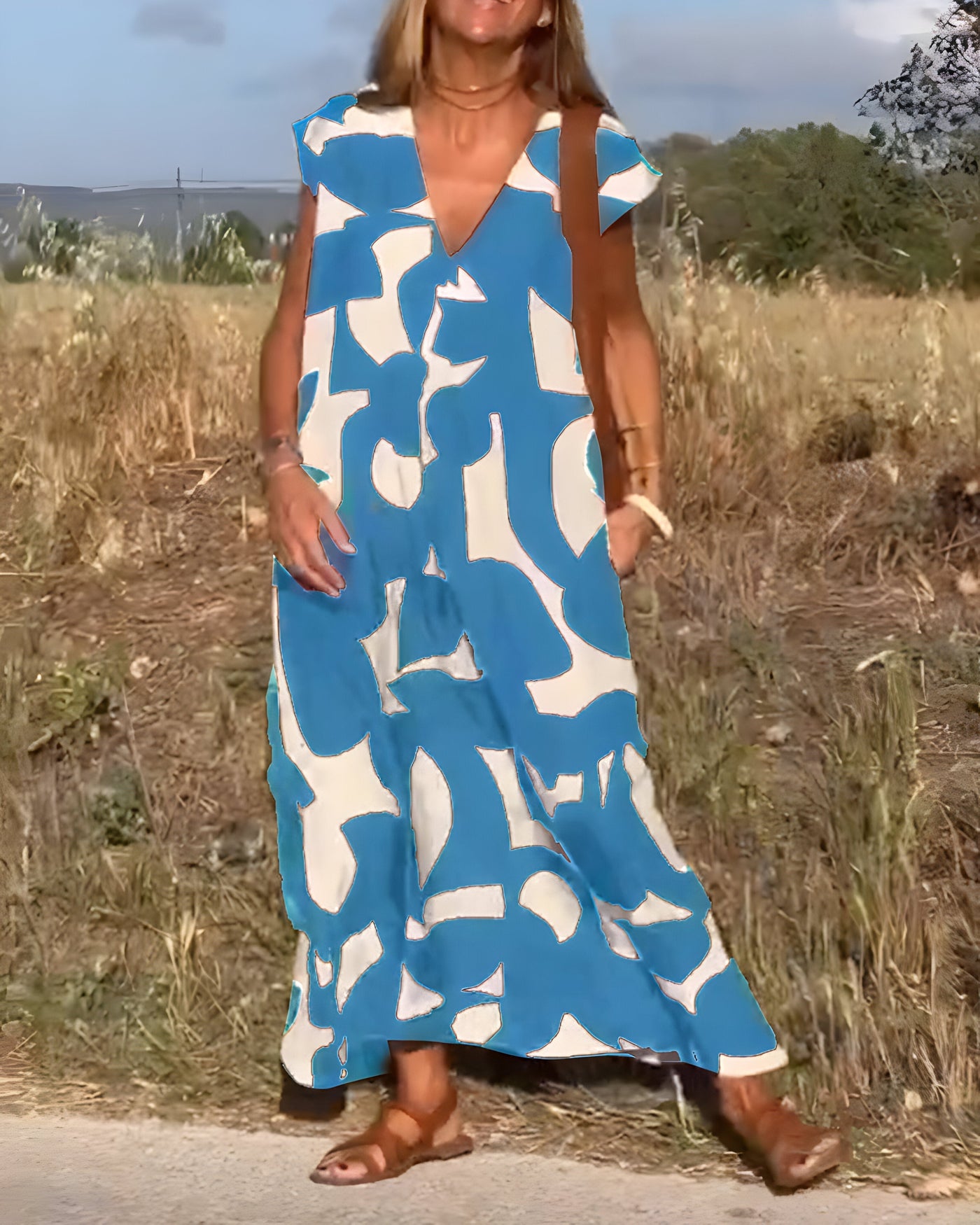 Printed Dress with V-Neck