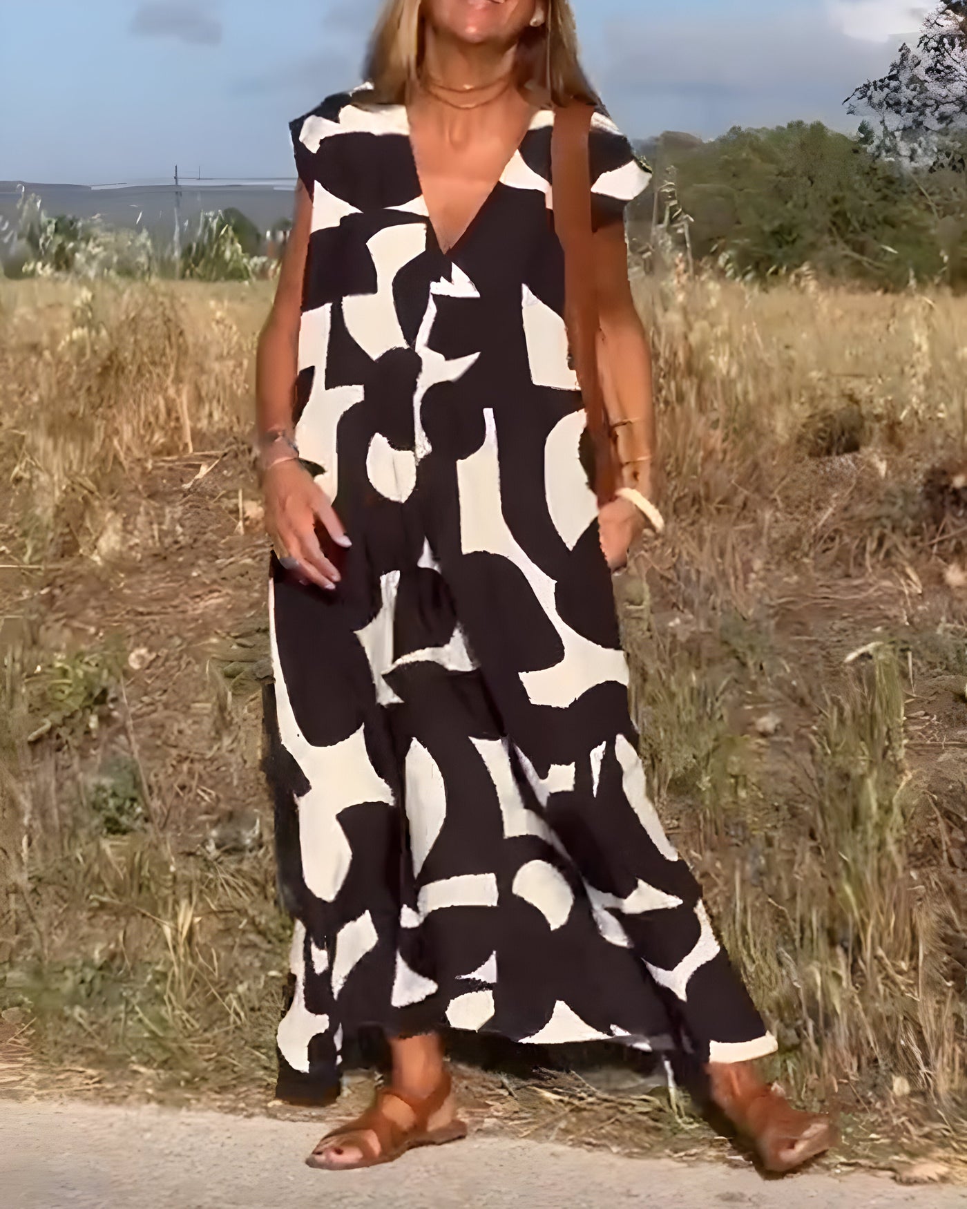 Printed Dress with V-Neck