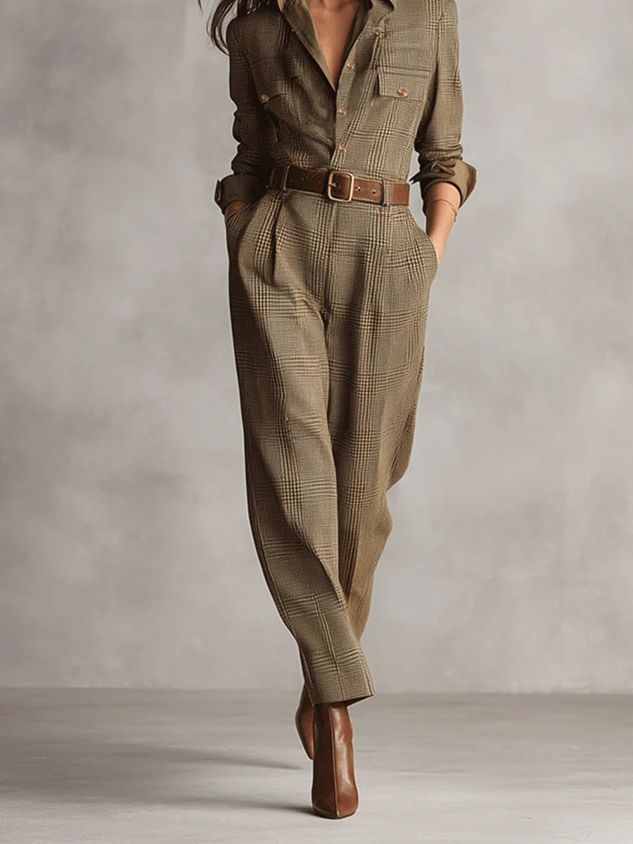 Tamara | Elegant tweed textured check utility jumpsuit