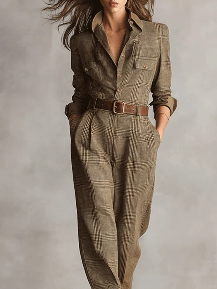 Tamara | Elegant tweed textured check utility jumpsuit