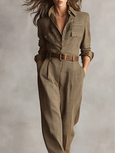 Tamara | Elegant tweed textured check utility jumpsuit