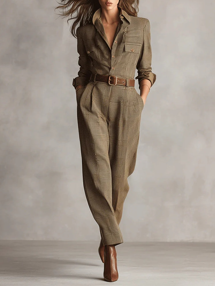 Tamara | Elegant tweed textured check utility jumpsuit